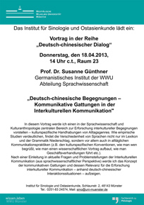 18.04.2013 – Vortrag von Prof. Dr. Susanne Günthner „Deutsch-chinesische Begegnungen – Kommunikative Gattungen in der Interkulturellen Kommunikation“