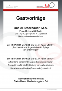 12. und 13. September 2011: Vortrag Daniel Steckbauer M.A. (Berlin)